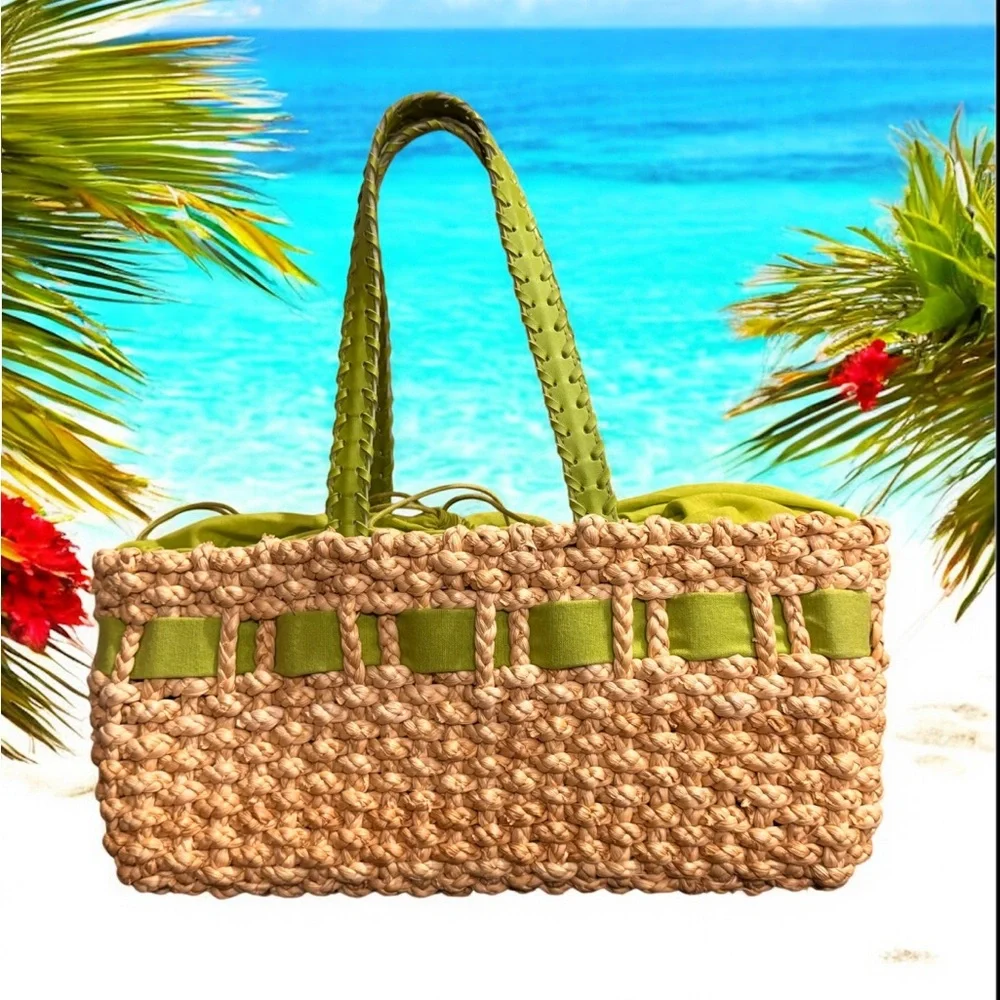 Green and Tan Beach Tote with Sturdy Handles
